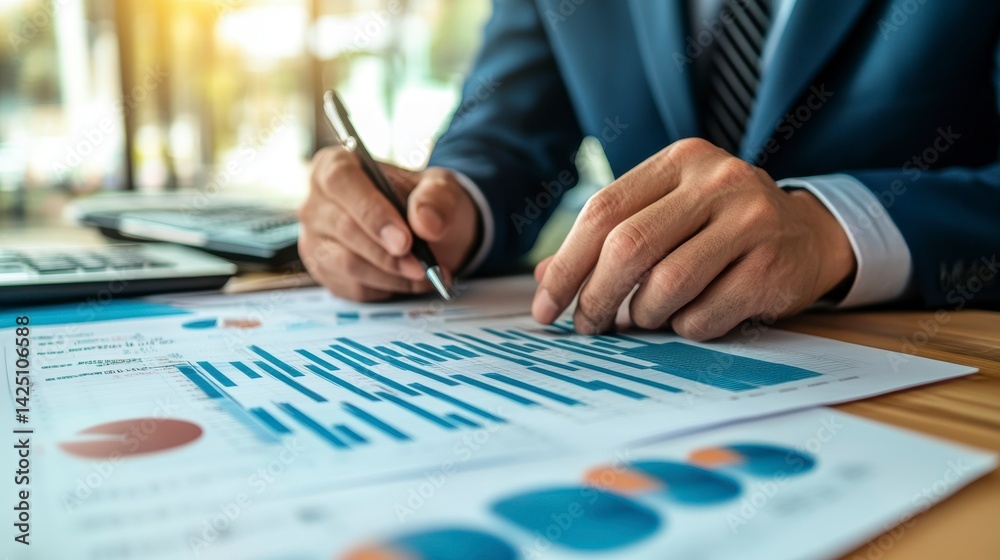 Poster close-up of businessman reviewing financial documents, analyzing charts and graphs.