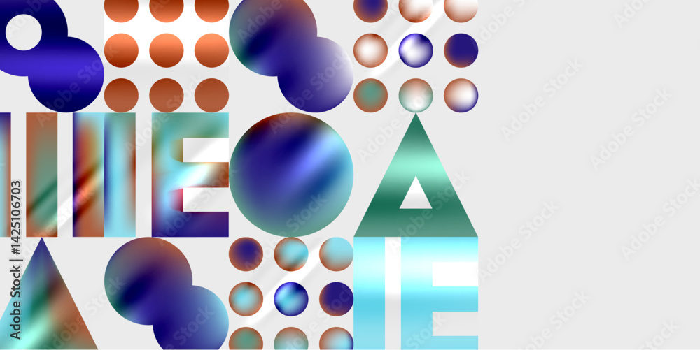 Aufkleber Abstract composition featuring geometric shapes, circles, rectangles, triangles. Gradient colorsblue, teal, orangecreate dynamic visual texture. Modern design elements suggest innovation, technology.