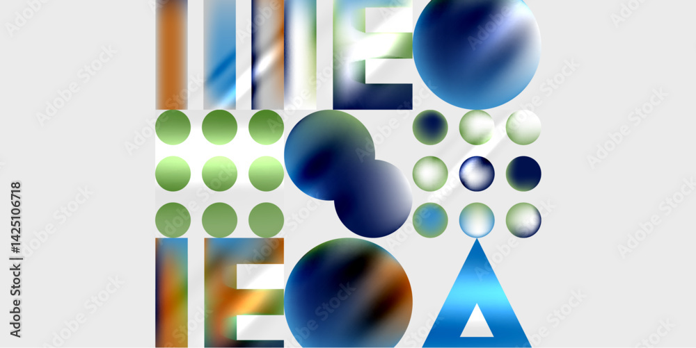 Aufkleber Abstract composition featuring geometric shapes, spheres, rectangles, text elements. Colors include blue, green, orange, white. Minimalist design, modern aesthetic.