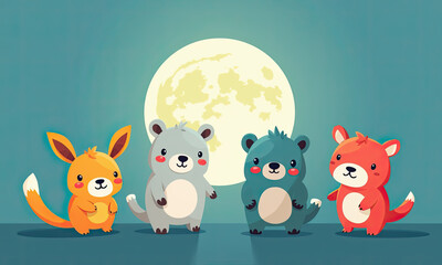 Naklejka premium Cute Animal Friends Moonlit Night Cartoon - Kawaii
