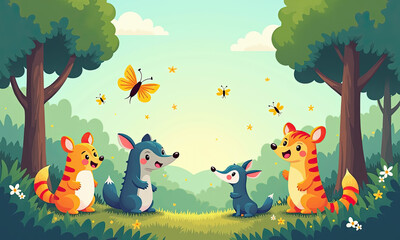 Fototapeta premium Cute Cartoon Animals in Sunny Forest - Whimsical illustrations