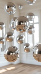 Floating chrome spheres in a modern room