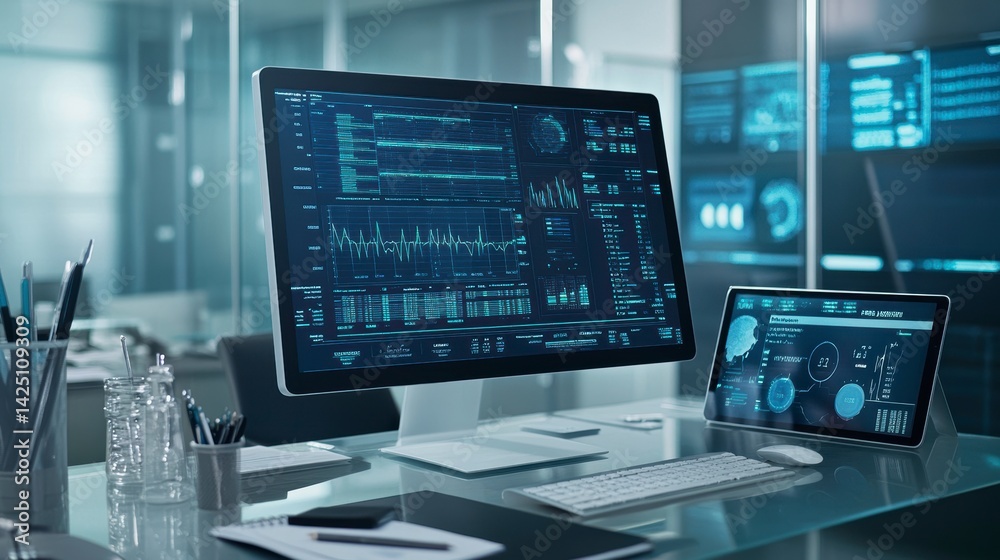Poster Modern office workspace with desktop computer and tablet displaying data analytics.
