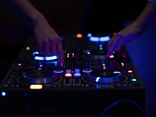 Obraz premium Hands on Deck, A DJ's Creative Control with Illuminated Mixer and Vibrant Glowing Lights, Capturing the Essence of Music Production and Performance