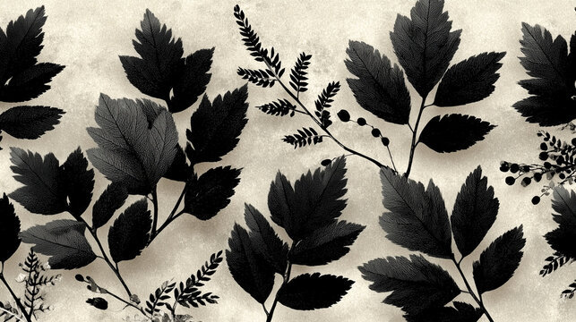 Shadowy botanical silhouettes dance on a creamy canvas, a serene grayscale study of nature's elegant forms.
