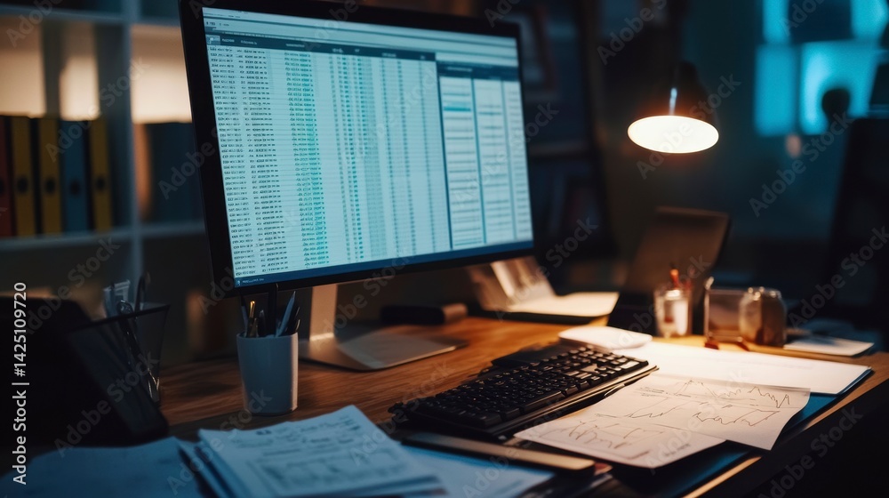 Fototapete night office scene with computer displaying data, documents, and desk lamp.
