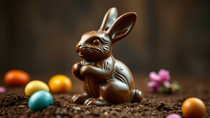  Easter celebration with chocolate bunny and colorful eggs
Concept of festive, spring, joy