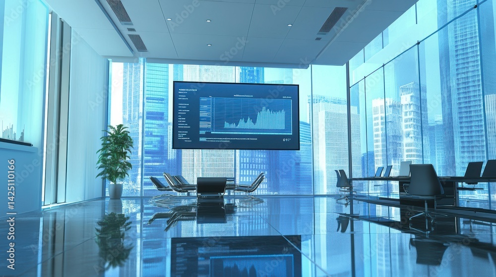 Aufkleber modern office interior with city view and large screen displaying financial data.