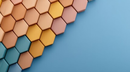 A vibrant arrangement of hexagonal tiles in warm colors against a blue background, creating a modern and geometric design.
