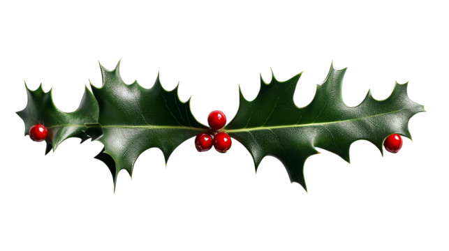 Isolated Holly Sprig Illustration with Red Berries on a Transparent Background