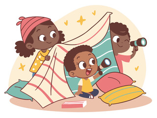 Kids Building a Fort: Children Playing Indoors with Blankets, Pillows, and Telescopes in a Cozy Home Adventure (Vector Illustration)