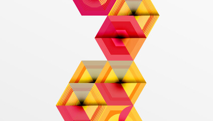 Abstract geometric composition. Stacked hexagonal shapes create zigzag pattern. Warm color palette dominates, featuring reds, oranges, yellows. Lines suggest depth, dimension. Minimalist design.