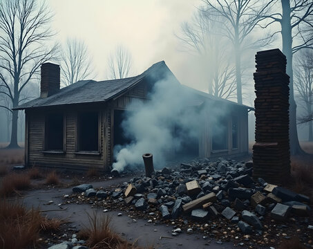 Image depicting the grim aftermath of a house fire, showcasing the charred ruins and lingering smoke amidst a desolate landscape of destruction and loss