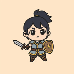 Vector illustration Chibi warrior with sword and shield, dressed in blue and gold armor, standing in defense stance