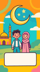 Colorful Muslim Children Cartoon Template for Islamic Quotes – No Text, Mosque Background