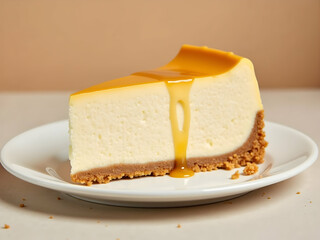 Indulge in a decadent delight, A slice of rich, creamy cheesecake drizzled with golden caramel, a perfect dessert for any occasion that will tantalize your taste buds