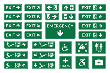 Collection of green emergency exit and safety signs.