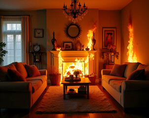 Inferno in the Interior, A House Engulfed by Flames, Raging Fire Consuming Living Room Furniture and Architectural Elements, a Scene of Destruction