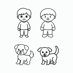 Cute Children and Puppy Coloring Page – Kawaii Style Line Art. Boy and Dog