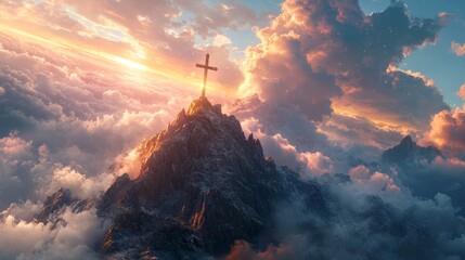 Jesus' cross atop mountain, bright clouds.
