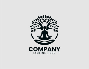 Fototapeta premium Meditating Figure Silhouette Raised Hands Stylish Tree Vector Logo