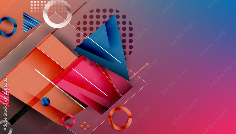 Poster Abstract geometric composition. Shapes overlap, creating dynamic visual effect. Gradient background transitions from blue to pink. Modern design elements present.