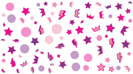 Pattern of pink and purple stars, crowns, circles, and lightning bolts. Suitable for princess themed designs or childrens party decorations.
