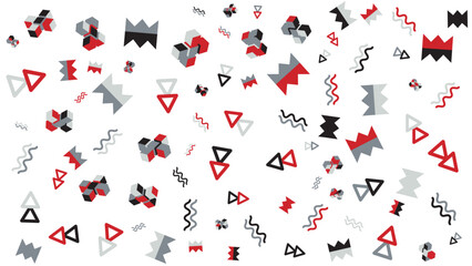 Abstract geometric design with triangles, wavy lines, and cubes in red, black, and gray. Ideal for modern, tech, or artistic concepts.