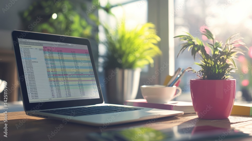 Aufkleber laptop displaying spreadsheet data on wooden desk with plants and coffee cup.