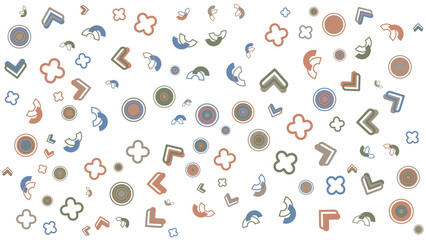 Pattern of circles, flowers, and arrows. Suitable for backgrounds, textiles, packaging, and graphic design projects with a modern and playful theme.