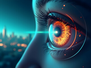 Intricate close up of futuristic human eye with advanced technology interface reflecting a blurred cityscape in the background evokes innovation