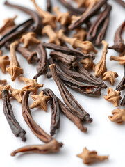 Set of whole organic clove buds cutout. Macro. Variety of dry organic cloves spice isolated on a white background. Concept of cooking and herbal medicine.