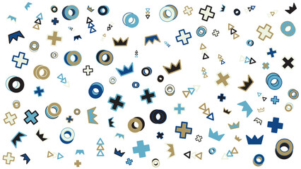 Pattern of crowns, circles, pluses, and triangles. Perfect for backgrounds, invitations, stationery, textiles, and packaging design elements.
