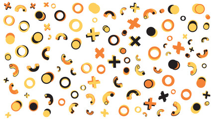 White background featuring black, orange, and yellow circles, pluses, and curved shapes. Perfect for modern and vibrant design projects.