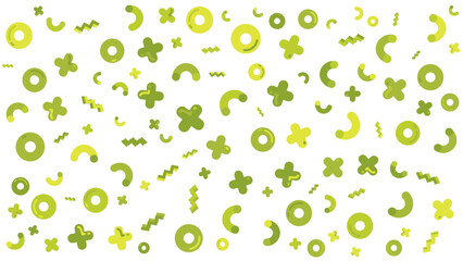 Pattern of green and yellow circles, plus signs, and crescent shapes. Suitable for vibrant designs, modern backgrounds, and colorful projects.
