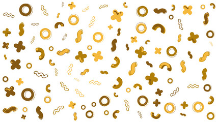 Pattern of brown and yellow circles, plus signs, and squiggly lines. Great for backgrounds, textiles, packaging, or stationery designs.