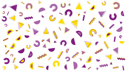 Pattern of purple and yellow geometric shapes. Suitable for backgrounds, prints, textiles, and modern graphic design projects with vibrant color schemes.