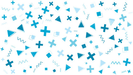 Pattern of blue pluses triangles squares and squiggly lines on a white background. Suitable for digital backgrounds, textiles, and abstract designs.