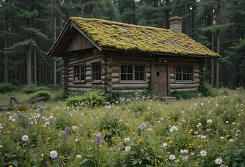 Moss-Covered Log Cabin in a Serene Wildflower Meadow