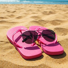 Fototapeta premium Flip flops in sand with sunglasses