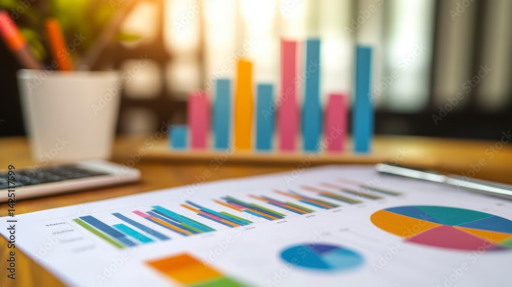 Poster Close-up of financial charts and graphs on a desk with calculator and pen.