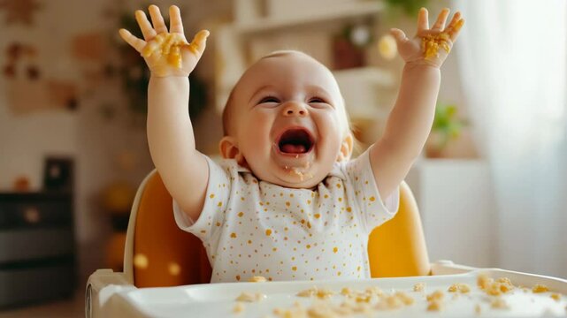 A baby is sitting in a high chair and eating food. The baby is smiling and he is enjoying the meal