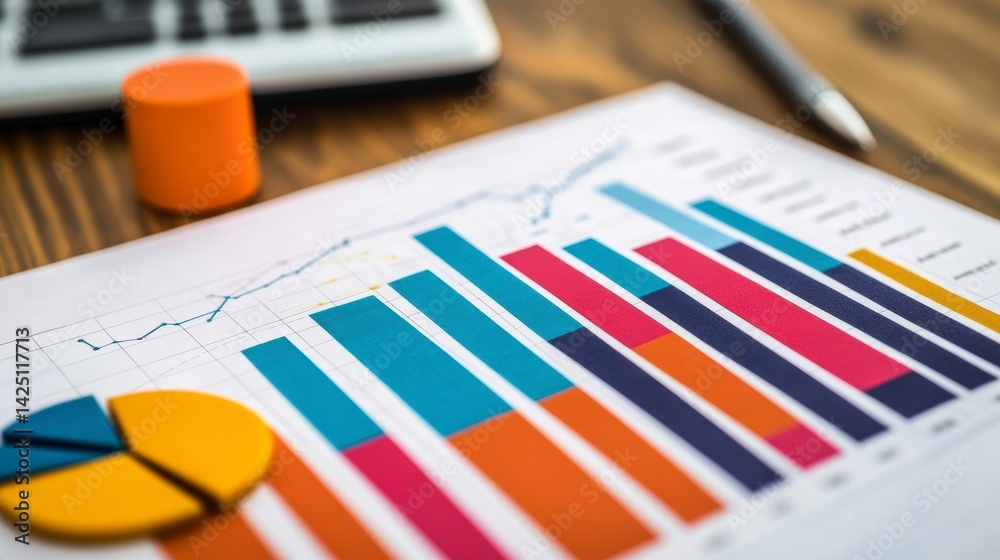 Poster close-up of financial charts and graphs on a wooden desk with a calculator and pen.