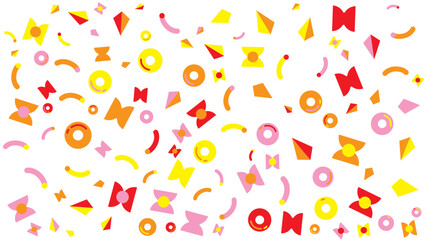 Seamless pattern ideal for textile design, packaging, stationery, and backgrounds featuring colorful geometric shapes in shades of pink, orange, red, and yellow.