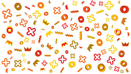 Colorful pattern of red, yellow, and orange circles, crosses, and crowns suitable for backgrounds, textiles, packaging, and stationery designs.