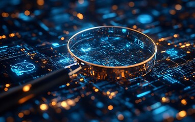 Magnifying glass examining intricate circuit board pattern for data analysis and cyber security