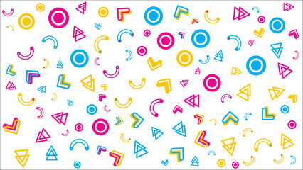 Pattern of colorful geometric shapes suitable for backgrounds, textiles, stationery, invitations, packaging, and digital designs for a modern and vibrant look.