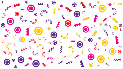 Abstract geometric design with circles, zigzags, and crescents on a white background. Suitable for modern graphic design projects and prints.