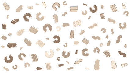 White background scattered with various shapes of pasta is great for food blogs, recipes, Italian cuisine promotions, or kitchen designs.