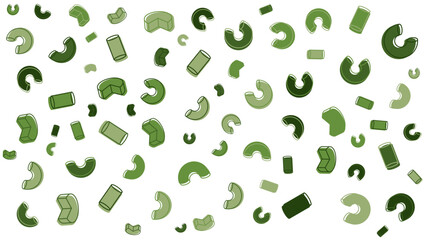 Pattern of green macaroni on a white background suitable for food packaging, menus, kitchen decor, pasta products, Italian cuisine themes.